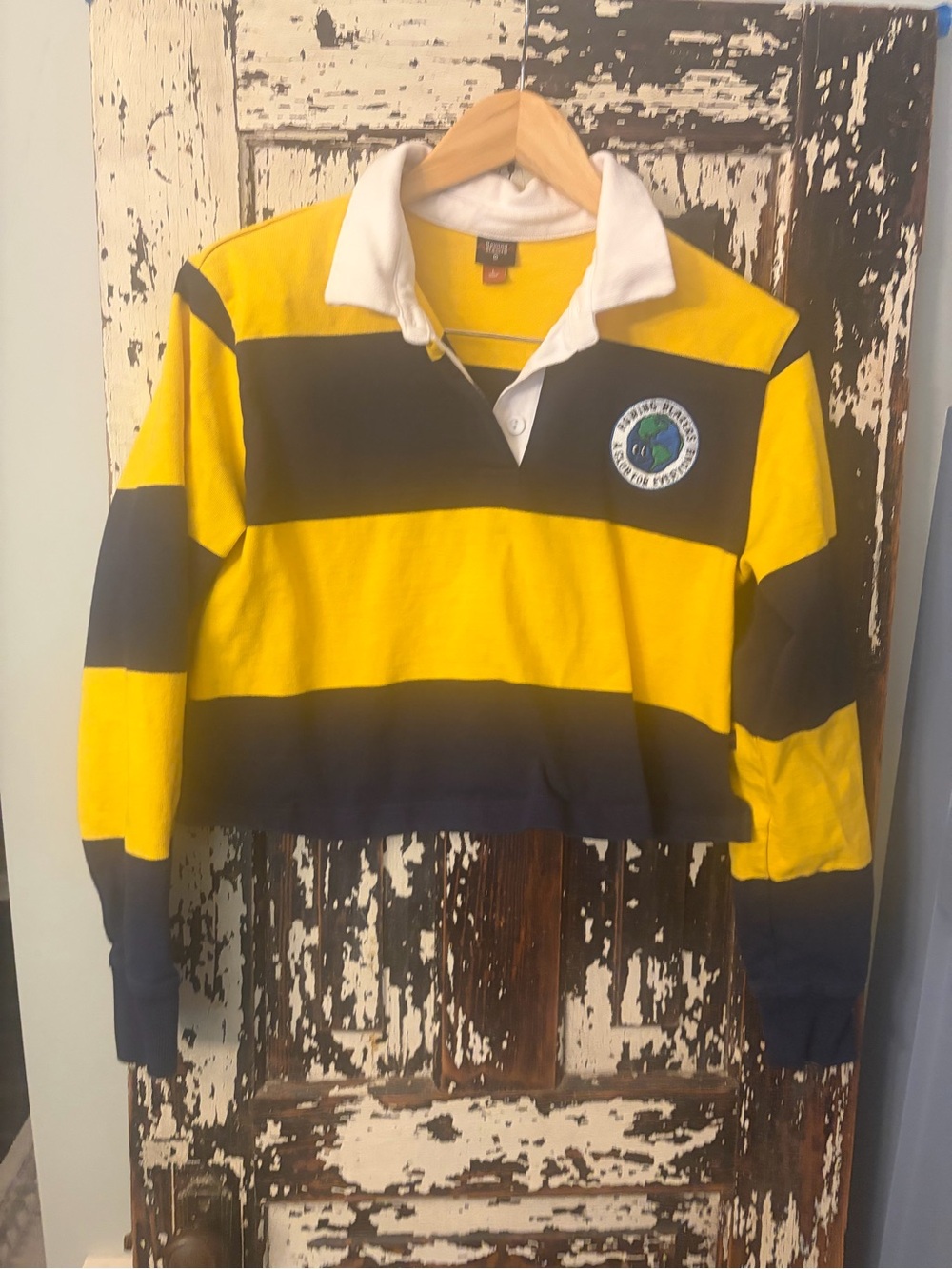 Rowing Blazers womenโs crop Yellow & Navy Striped Rugby Polo. Size L